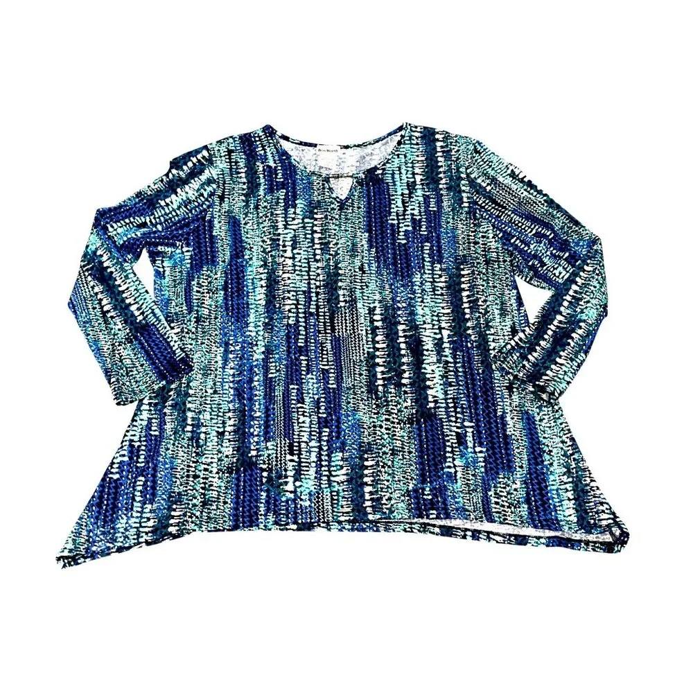 Bon Worth XL Blue Teal Abstract Print Keyhole Tunic Top Lightweight Stretchy Lay - Picture 8 of 8